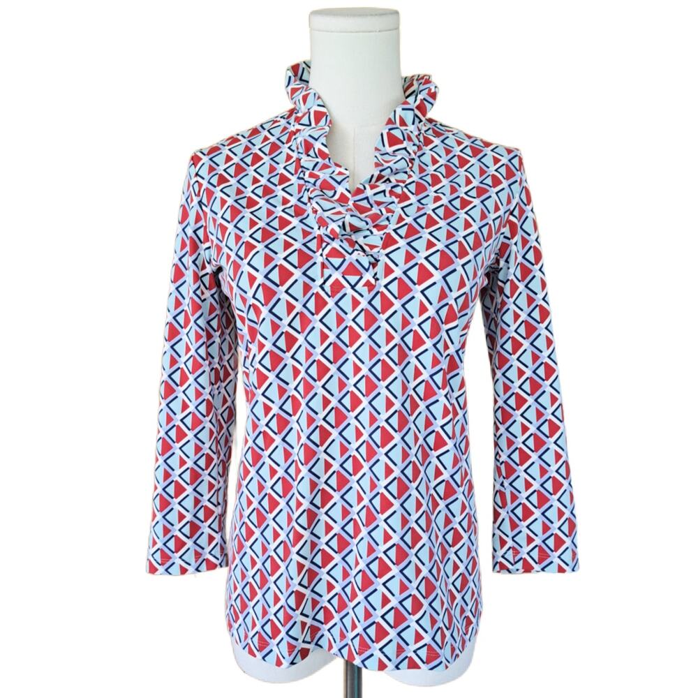 J McLaughlin Durham Ruffle Top Navy Blue Red Print XS Preppy 3/4 Sleeve Catalina